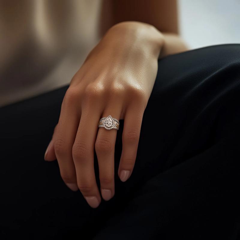 Aria Lab Grown Diamond Pear-Shaped Halo Bridal Set in 14K White &amp; Yellow Gold &#40;2 5/8 ct. tw.&#41; – Image 6 of 6