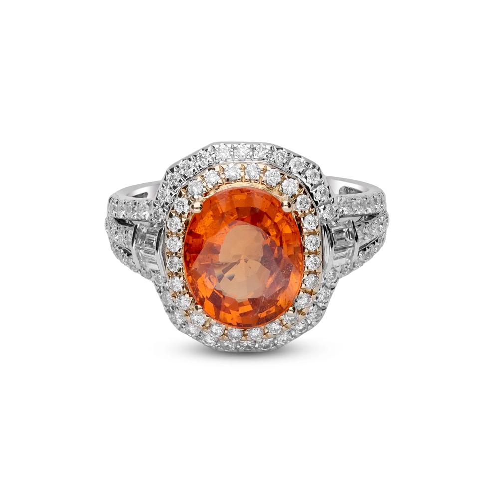 Orange Spessartite &amp; Diamond Double Halo Ring in 14K Yellow &amp; White Gold (3/4 ct. tw.) – Image 1 of 5