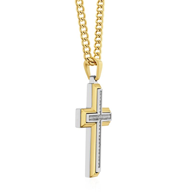 Men&#39;s Cross Pendant with Diamond Accents in Yellow Ion-Plated Stainless Steel – Image 2 of 3