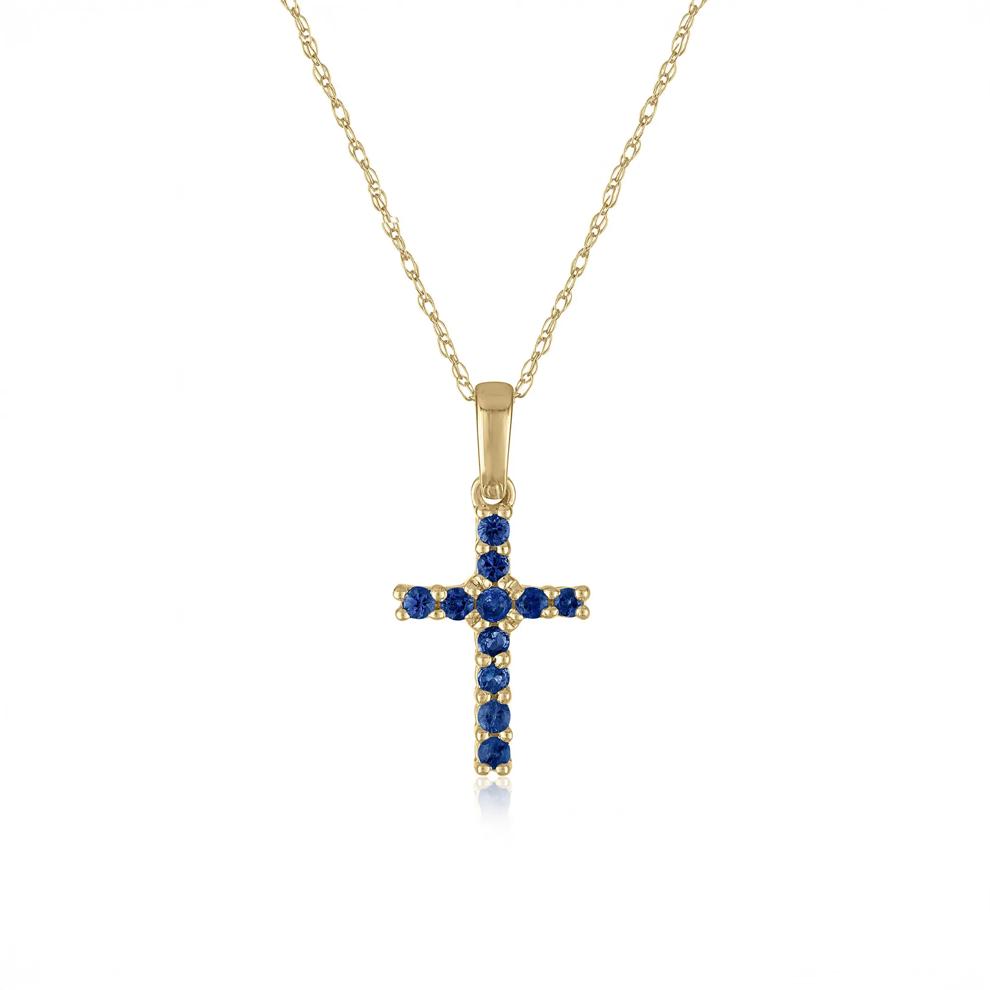 Blue Sapphire Cross Pendant in 10K Yellow Gold – Image 1 of 3