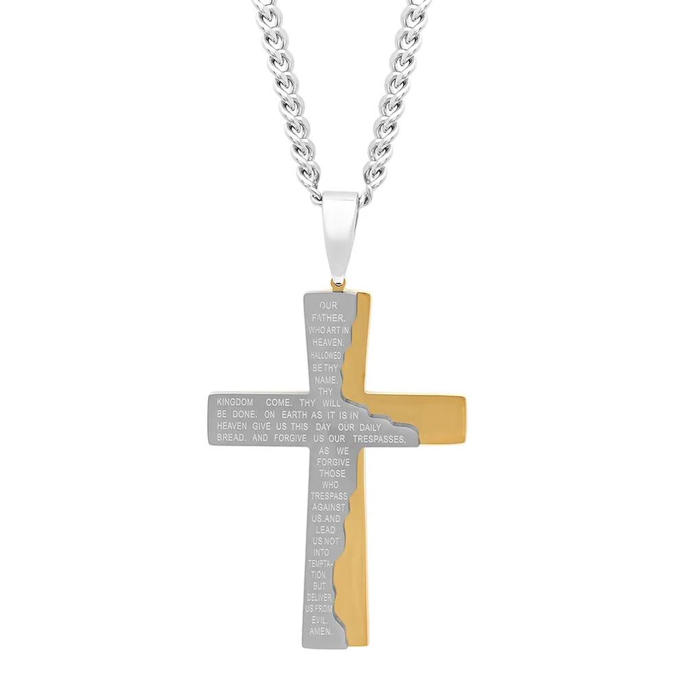 The Lord's Prayer Cross Pendant in Yellow and White Stainless Steel – Image 1 of 2