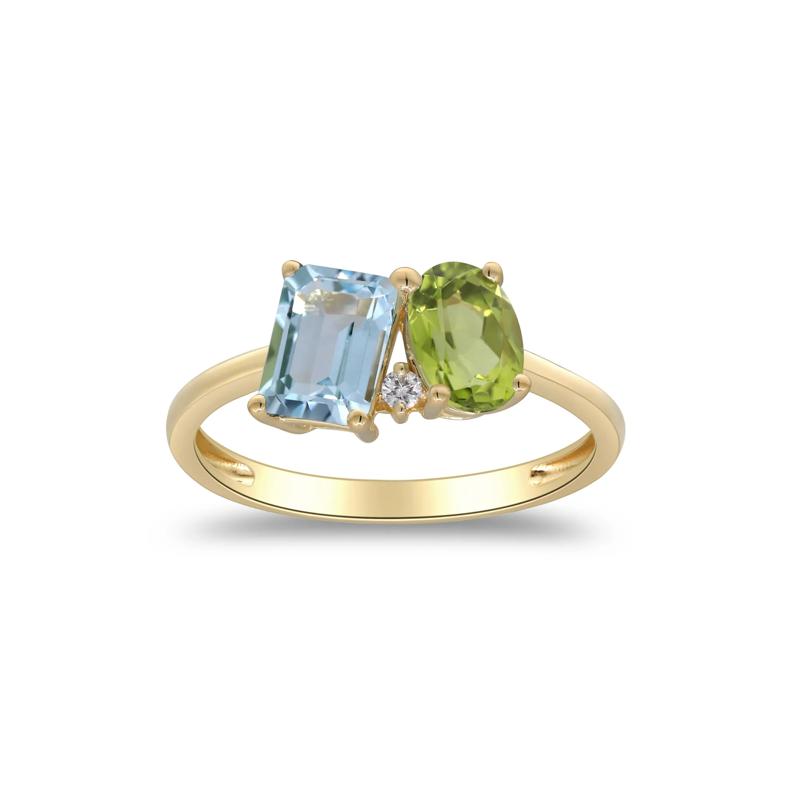 Blue Topaz, Peridot and Diamond Toi et Moi Ring in 10K Yellow Gold – Image 4 of 5
