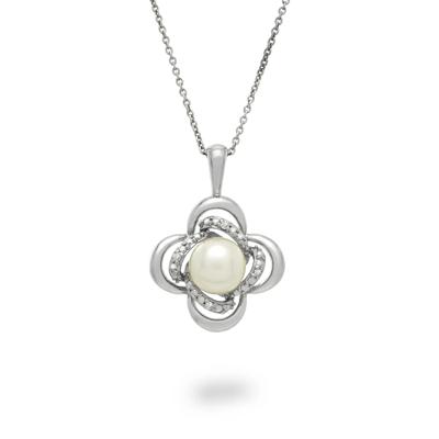 Freshwater Cultured Pearl & Diamond Accent Clover Pendant Necklace in Sterling Silver