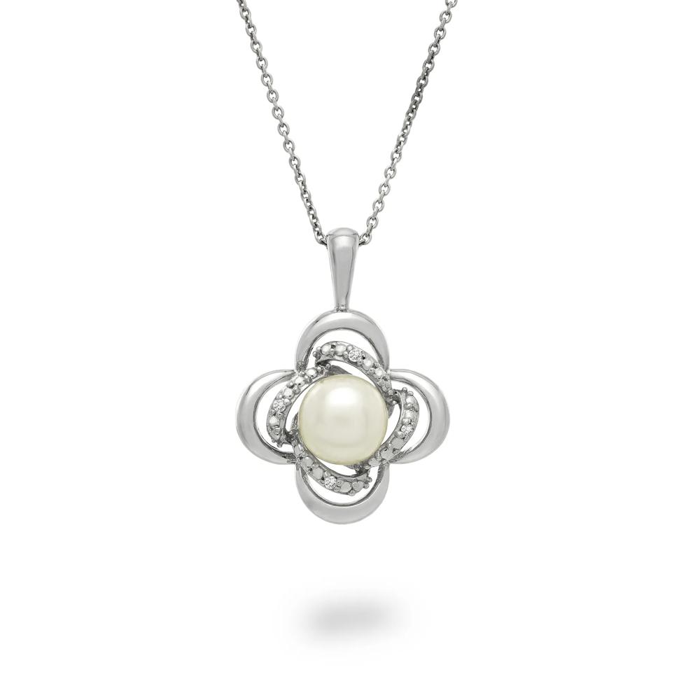 Freshwater Cultured Pearl &amp; Diamond Accent Clover Pendant Necklace in Sterling Silver – Image 1 of 4