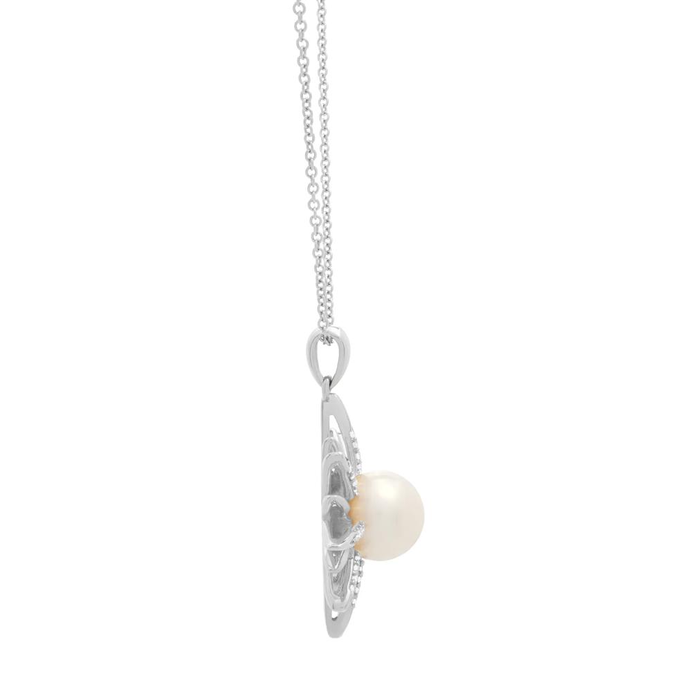 Freshwater Cultured Pearl &amp; Diamond Starburst Drop Pendant Necklace in Sterling Silver (1/10 ct. tw.) – Image 3 of 4