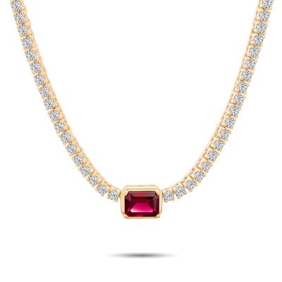 Lab-Created Ruby & Lab-Created White Sapphire Tennis Necklace in 14K Gold Vermeil