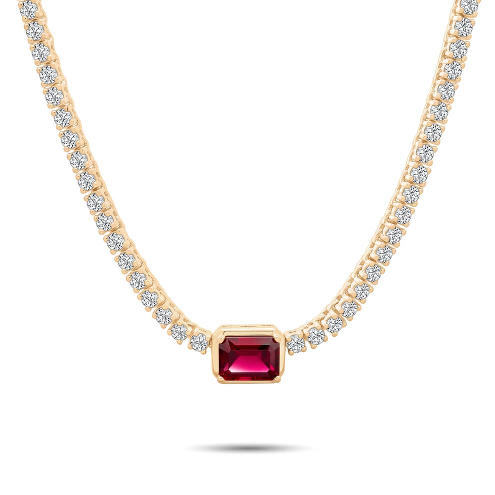 Lab-Created Ruby &amp; Lab-Created White Sapphire Tennis Necklace in 14K Gold Vermeil – Image 1 of 4