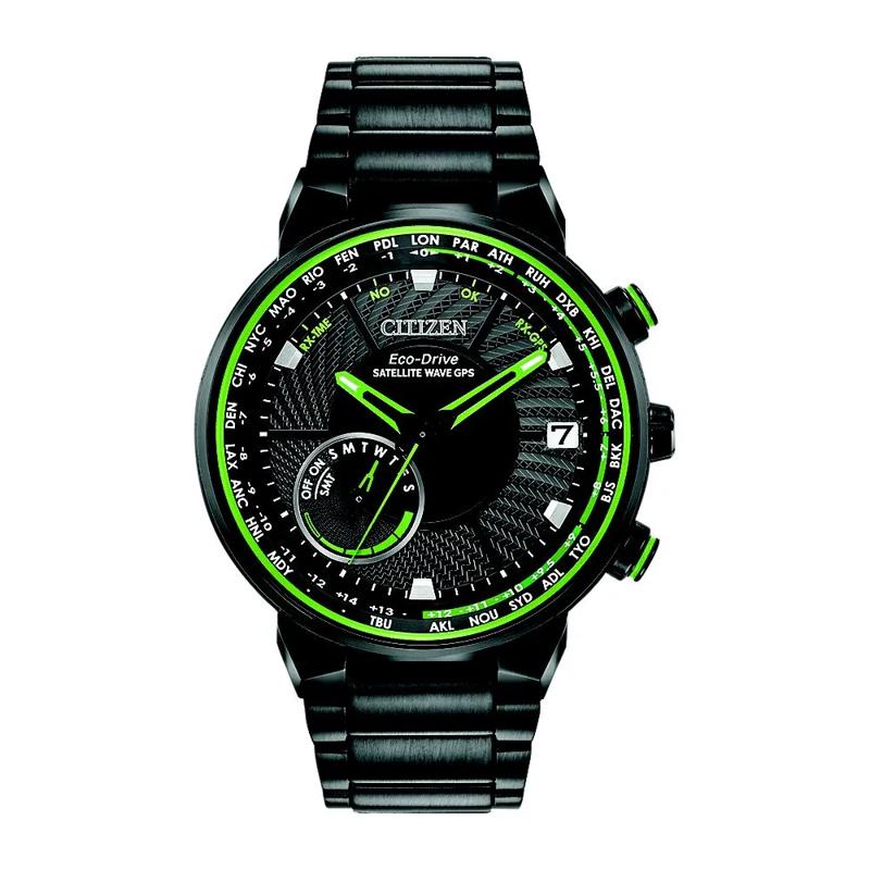Satellite Wave GPS Freedom Green Men&rsquo;s Watch in Black Ion-Plated Stainless Steel – Image 1 of 1