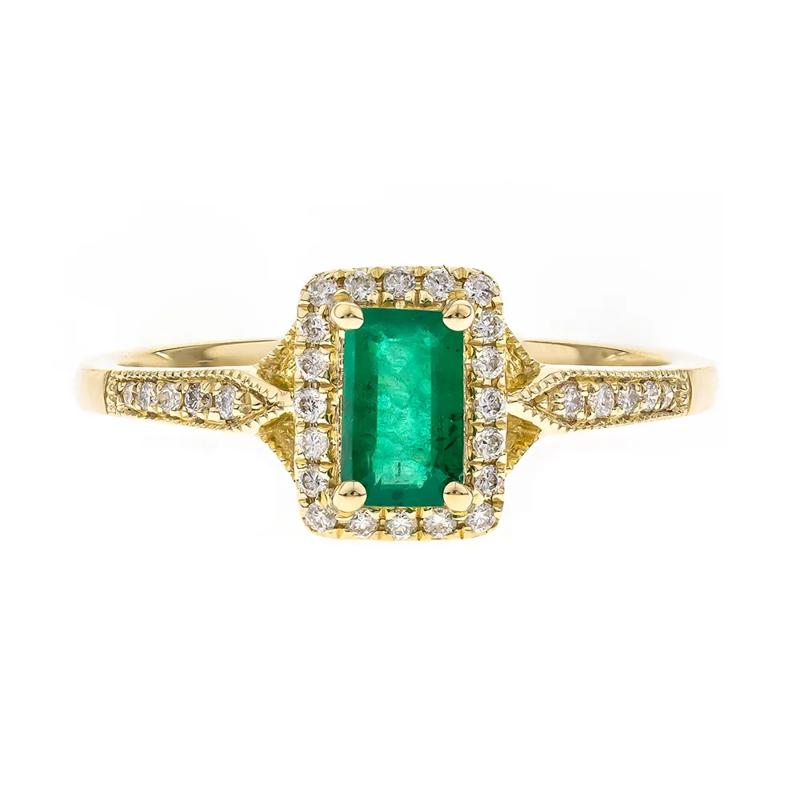 Emerald Ring with Diamond Halo in 10K Yellow Gold &#40;1/8 ct. tw.&#41; – Image 1 of 3