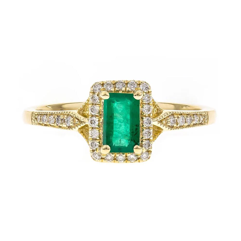Emerald Ring with Diamond Halo in 10K Yellow Gold (1/8 ct. tw.) – Image 1 of 3