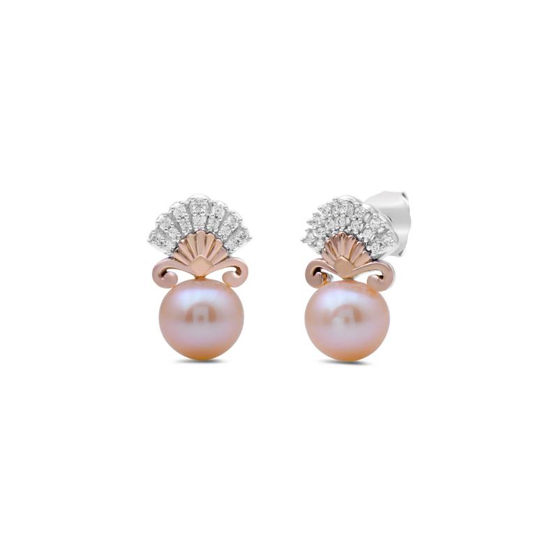 Ariel Pink Pearl and Diamond Shell Earrings in Sterling Silver and 10K Rose Gold &#40;1/7 ct. tw.&#41; – Image 1 of 2