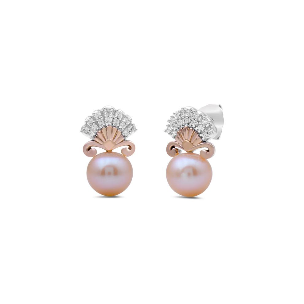 Ariel Pink Pearl and Diamond Shell Earrings in Sterling Silver and 10K Rose Gold (1/7 ct. tw.) – Image 1 of 2