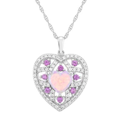 Lab-Created Pink Opal & Lab-Created Pink & White Sapphire Heart Pendant in Sterling Silver