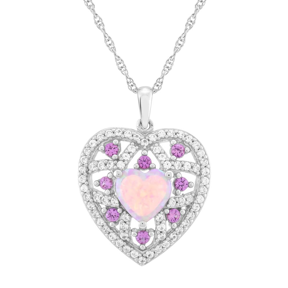 Lab-Created Pink Opal &amp; Lab-Created Pink &amp; White Sapphire Heart Pendant in Sterling Silver – Image 1 of 3