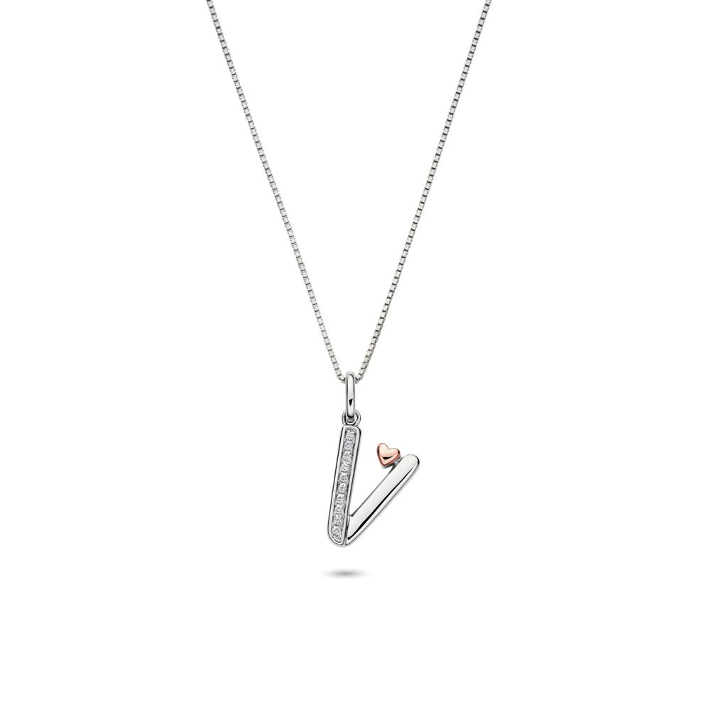 Diamond Accent Initial V Pendant in Sterling Silver and 14K Rose Gold – Image 1 of 4
