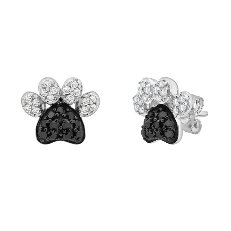 Black and White Diamond Paw Print Stud Earrings in Sterling Silver (1/7 ct. tw.) – Image 1 of 1