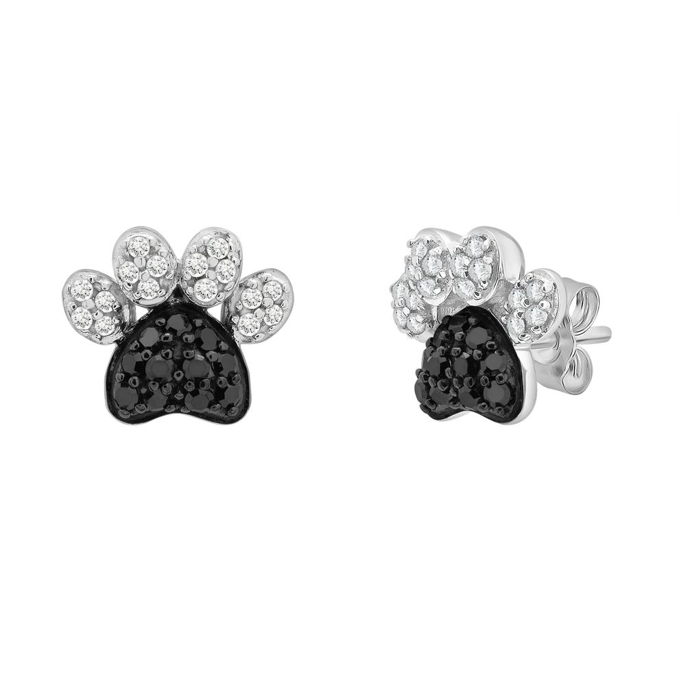 Black and White Diamond Paw Print Stud Earrings in Sterling Silver (1/7 ct. tw.) – Image 1 of 1