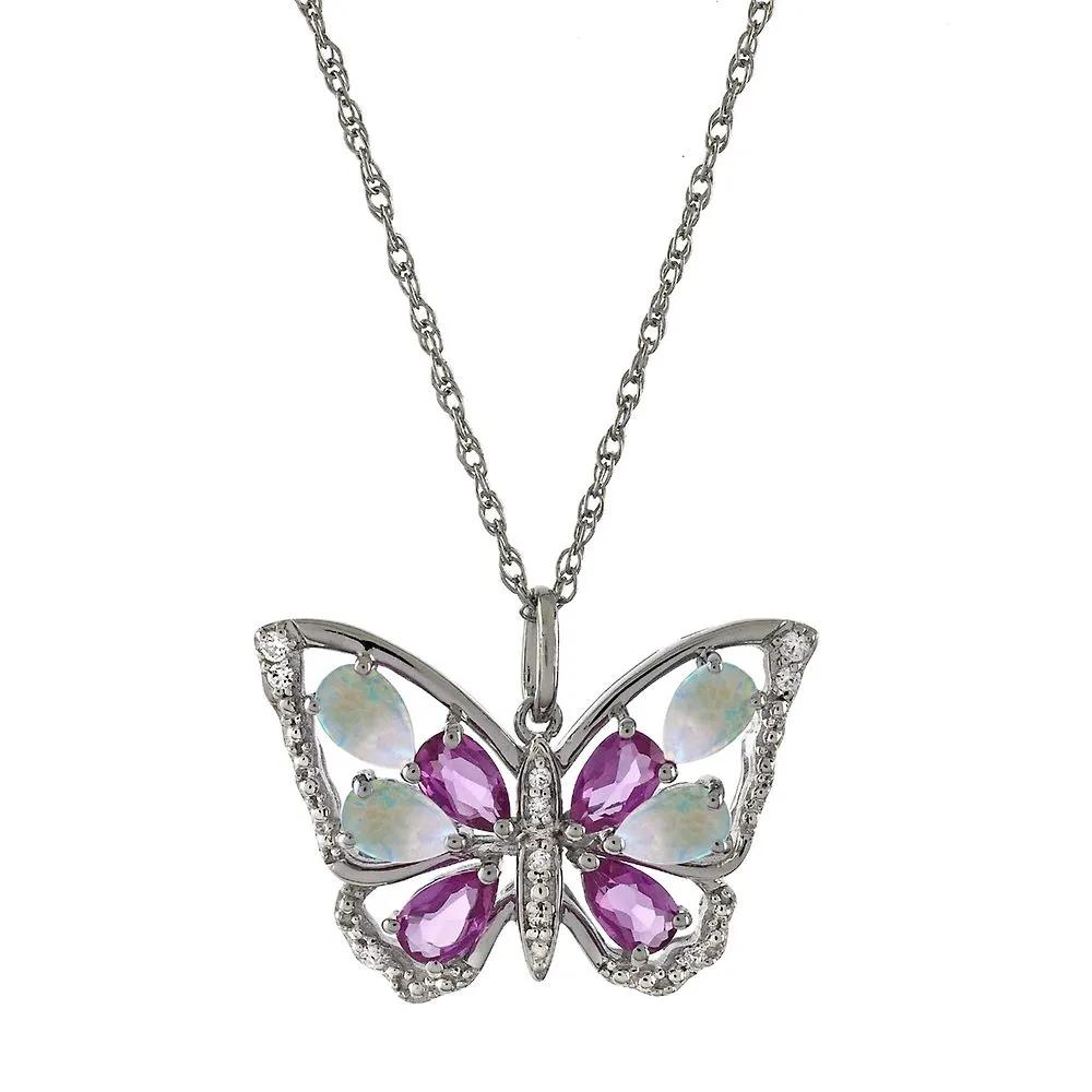 Lab Created Opal Sapphire Butterfly Pendant in Sterling Silver
