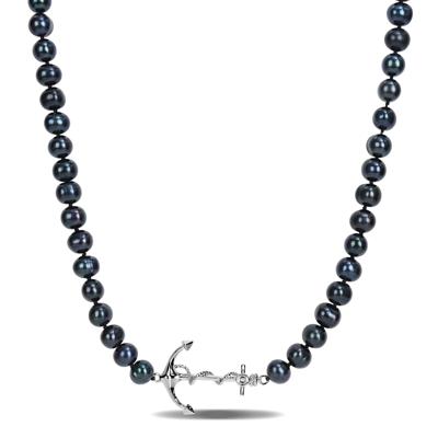 Men's Black Freshwater Cultured Pearl Anchor Necklace in Sterling Silver