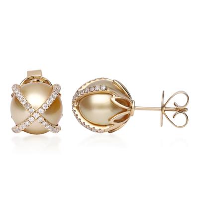 South Sea Pearl & Diamond Cross Stud Earrings in 14K Yellow Gold (3/8 ct. tw.)