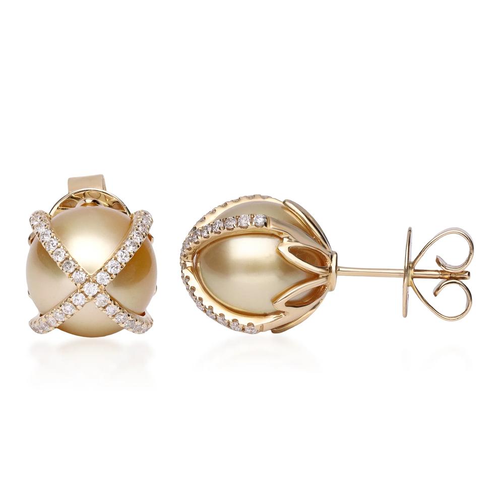 South Sea Pearl &amp; Diamond Cross Stud Earrings in 14K Yellow Gold (3/8 ct. tw.) – Image 1 of 3