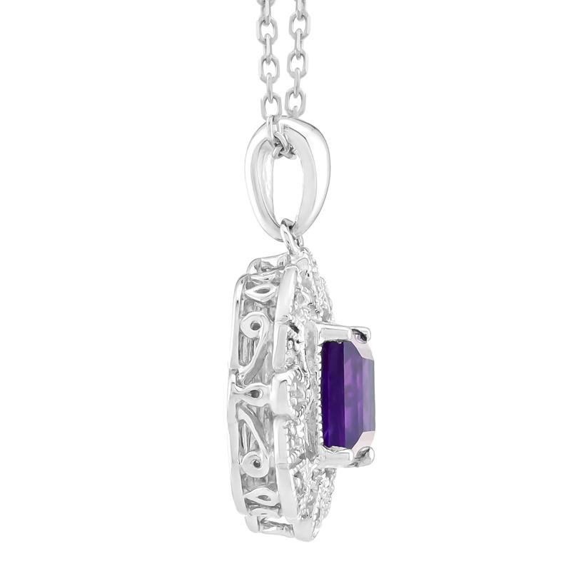 Square Amethyst Halo Pendant with Lab-Created White Sapphires in Sterling Silver – Image 2 of 3