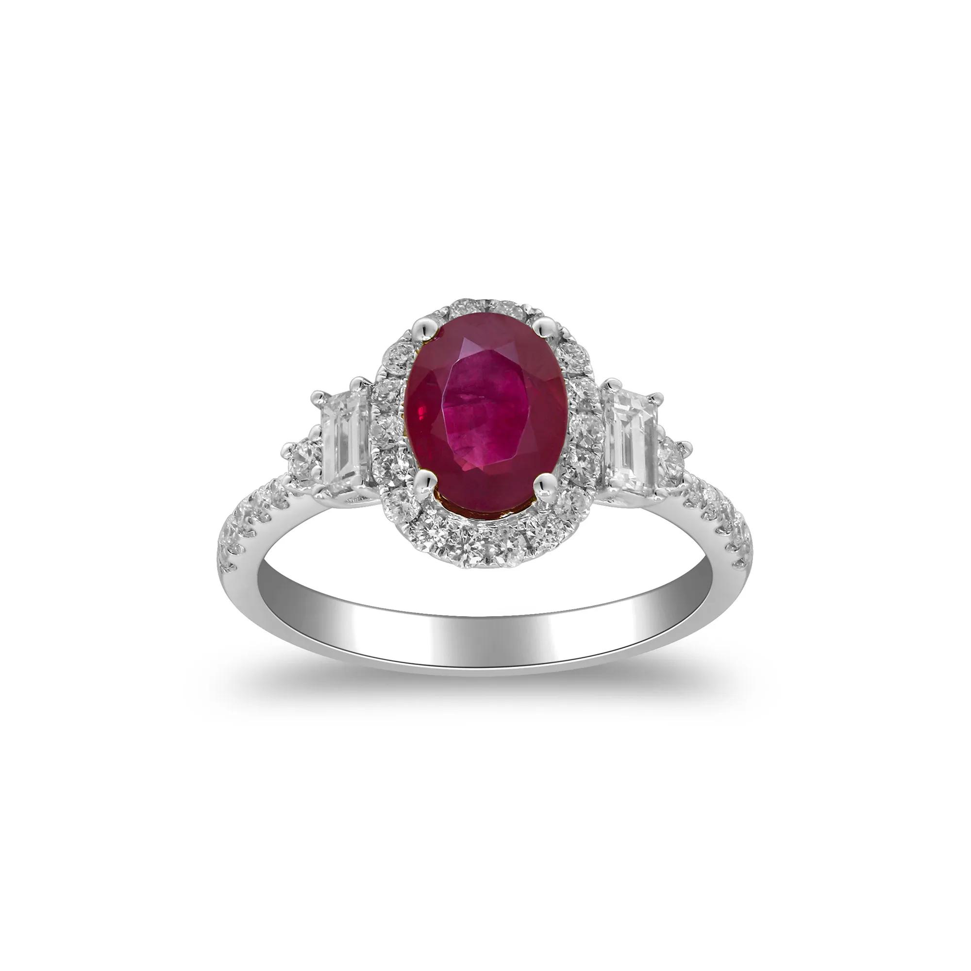 Ruby Oval & Diamond Halo Ring in 18K White Gold