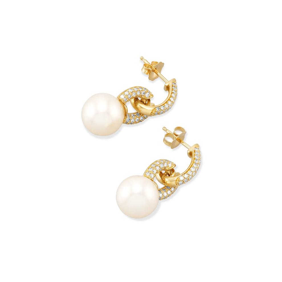 Freshwater Cultured Pearl &amp; Diamond Drop Earrings in 14K Yellow Gold (1/2 ct. tw.) – Image 2 of 2