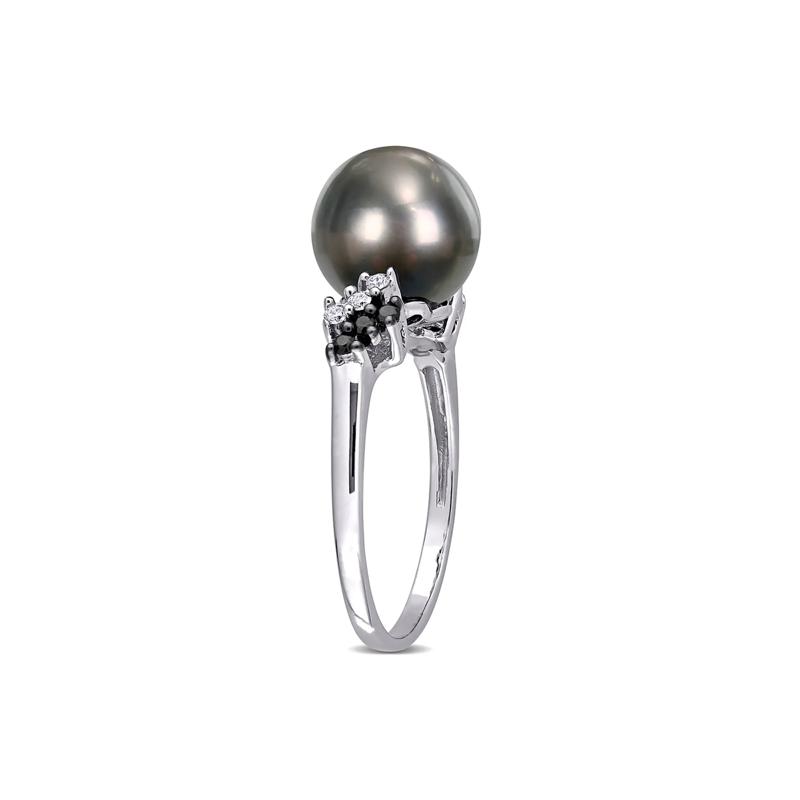 Black Tahitian Pearl &amp; 1/8 ct. tw. Diamond Ring in 10K White Gold – Image 3 of 4