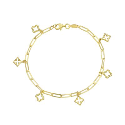 Paperclip Chain Clover Charm Bracelet in 14K Yellow Gold, 7.25"