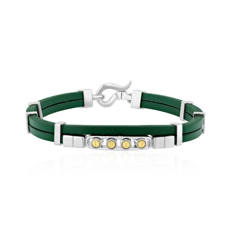 Men&#39;s Double Flat Green Leather Screw Bracelet in Vermeil and Sterling Silver, 8.5&quot; – Image 1 of 3