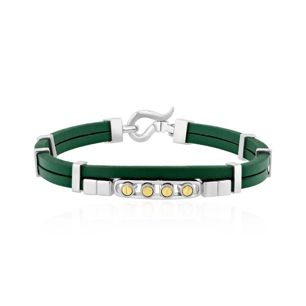 Men's Double Flat Green Leather Screw Bracelet in Vermeil and Sterling Silver, 8.5" – Image 1 of 3
