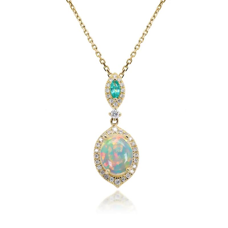 Opal, Emerald &amp; Diamond Pendant in 10K Yellow Gold &#40;1/5 ct. tw.&#41; – Image 1 of 3