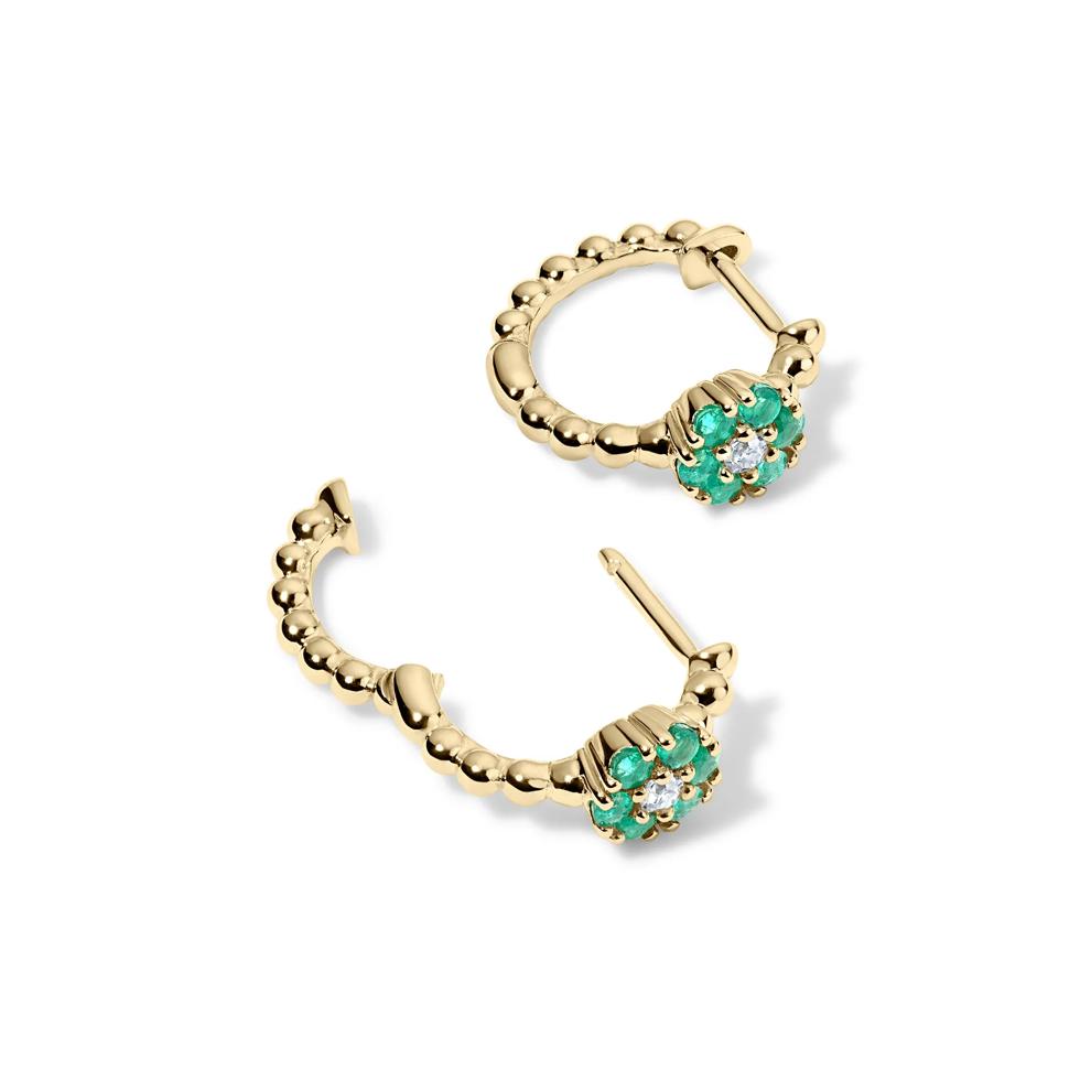 Emerald &amp; Diamond Accent Flower Hoop Earrings in 10K Yellow Gold – Image 2 of 2