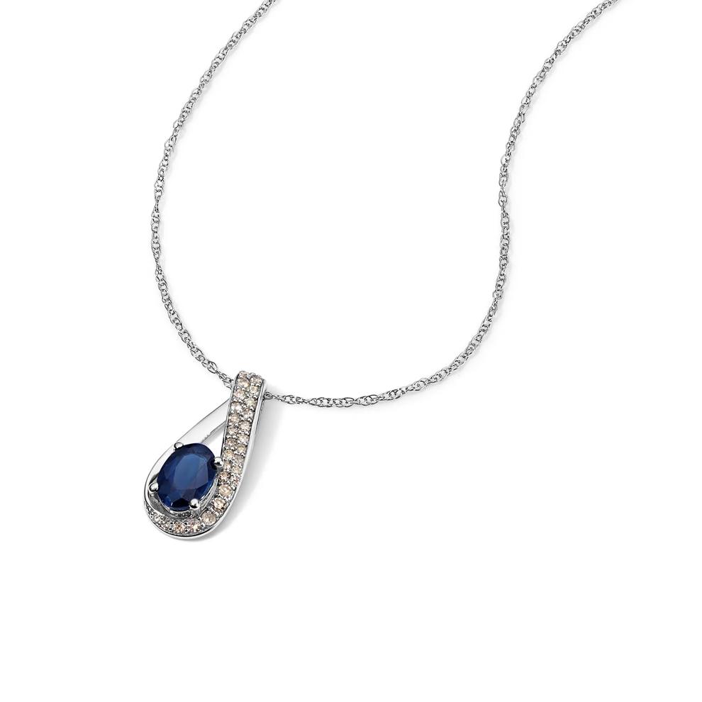 Blue Sapphire Oval &amp; Diamond Pendant Necklace in 10K White Gold (1/7 ct. tw.) – Image 4 of 4