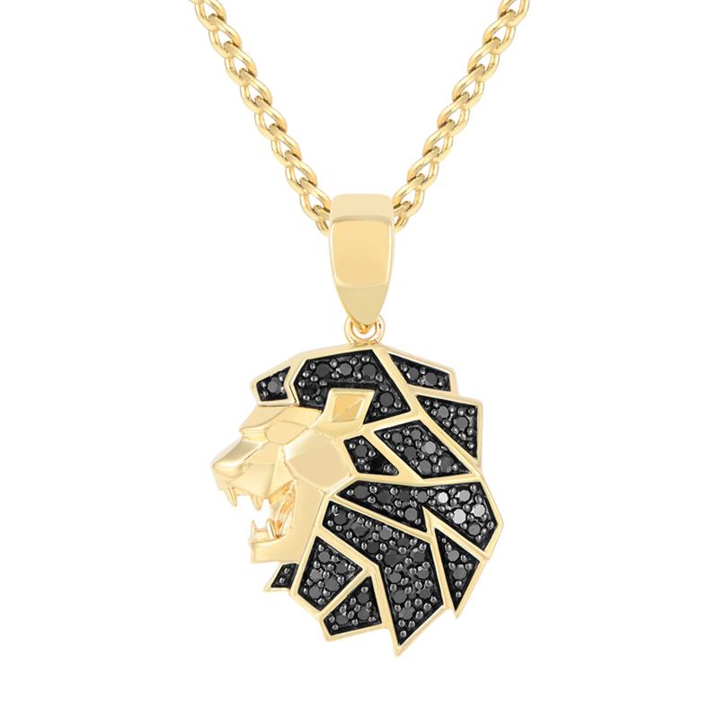 Men&#39;s Black Diamond Lion Head Pendant in 10K Yellow Gold &#40;1/3 ct. tw.&#41; – Image 1 of 2