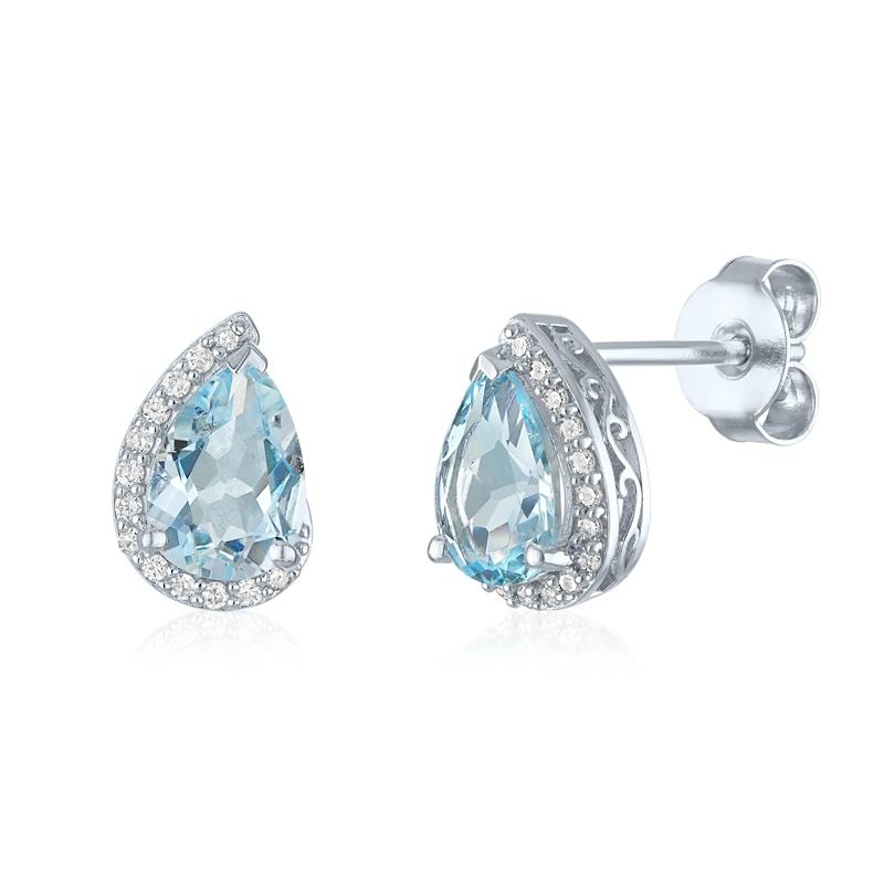 Aquamarine and Diamond Accent Pear-Shaped Half Halo Earrings in Sterling Silver – Image 1 of 1