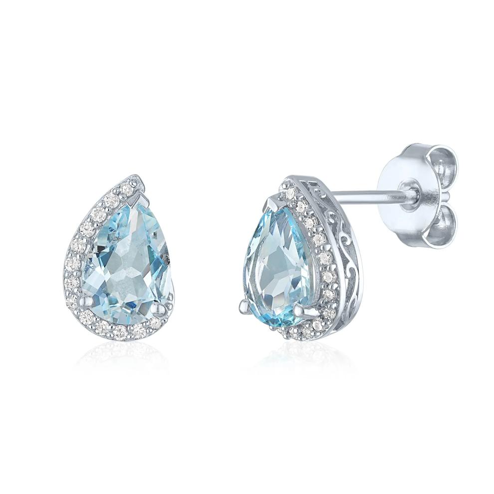 Aquamarine and Diamond Accent Pear-Shaped Half Halo Earrings in Sterling Silver – Image 1 of 1