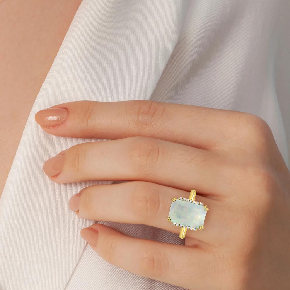 Emerald-Cut Opal and Diamond Ring in 10K Yellow Gold (1/10 ct. tw.) – Image 5 of 5