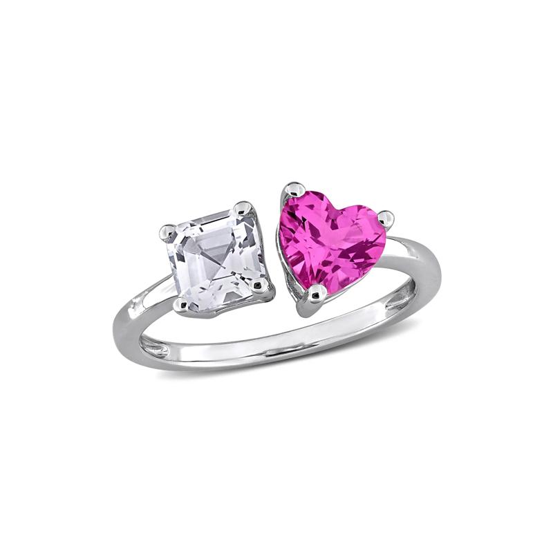 Lab-Created Pink Sapphire &amp; Lab-Created White Sapphire Toi et Moi Heart Ring in Sterling Silver – Image 4 of 6