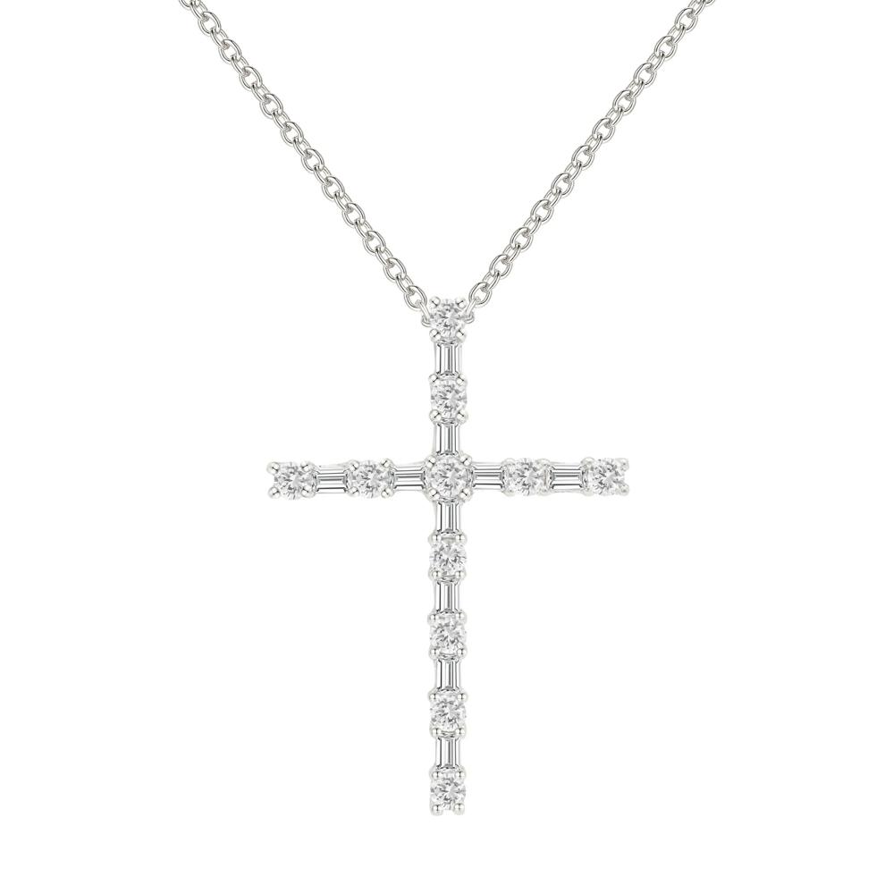 Round &amp; Baguette Diamond Cross Pendant Necklace in Sterling Silver (1/4 ct. tw.) – Image 1 of 3