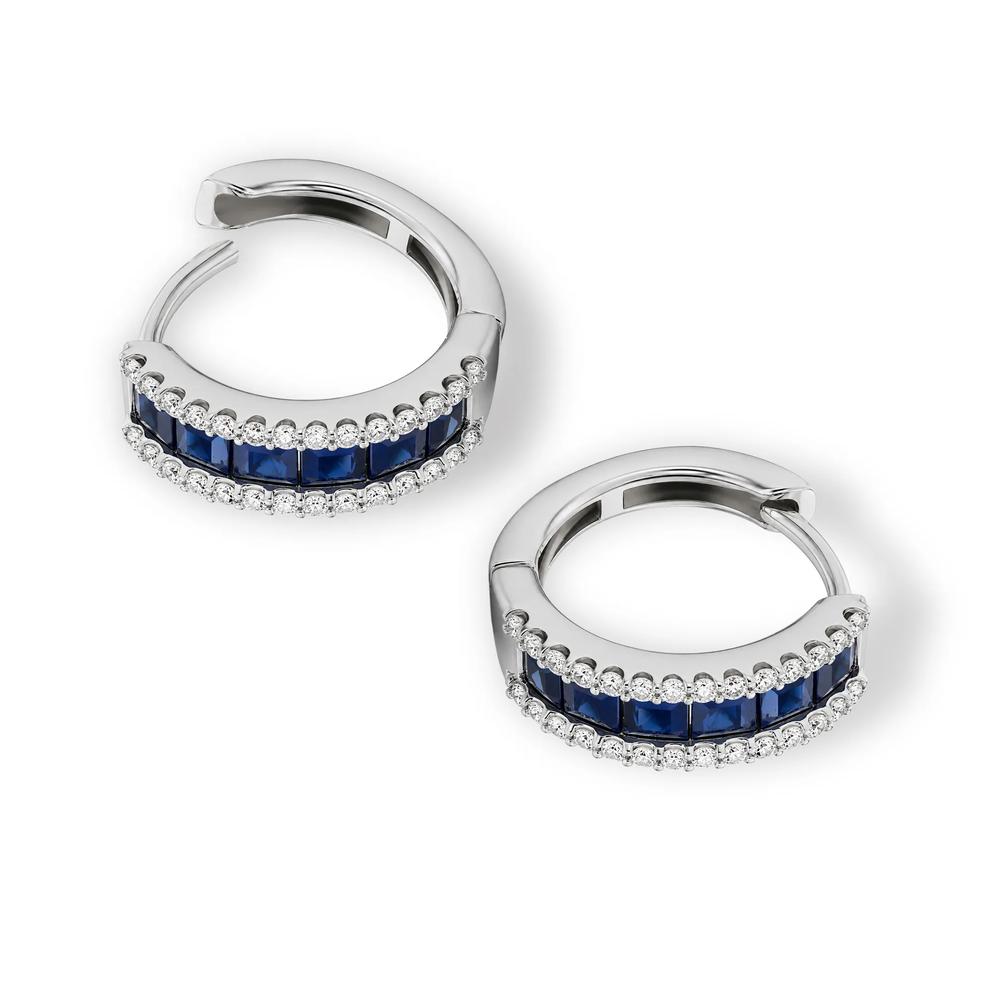 Blue Sapphire &amp; Diamond Hoop Earrings in 10K White Gold (1/4 ct. tw.) – Image 2 of 2
