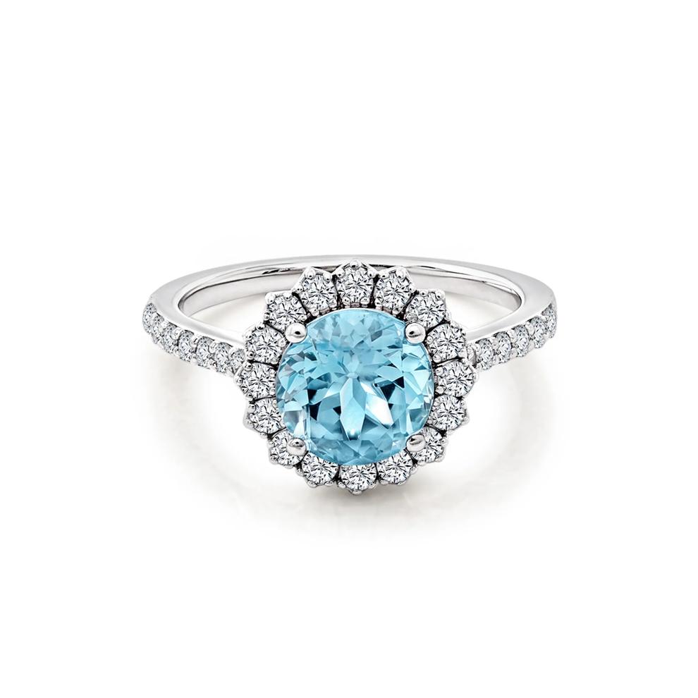 Sky Blue Topaz Center &amp; Diamond Halo Ring in 10K White Gold (1/2 ct. tw.) – Image 1 of 4