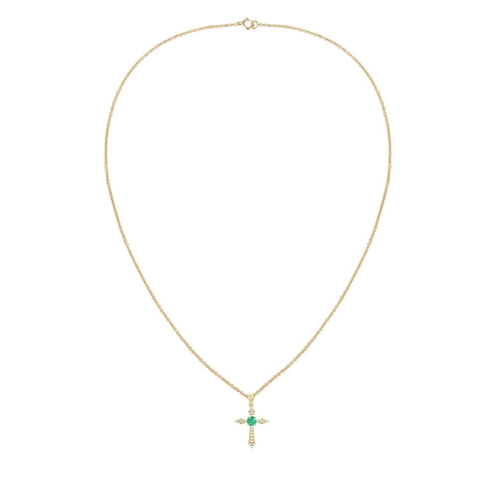 Emerald &amp; Diamond Accent Cross Pendant Necklace in 10K Yellow Gold – Image 3 of 4