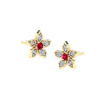 Ruby & Diamond Flower Stud Earrings in 14K Yellow Gold (1/10 ct. tw.)