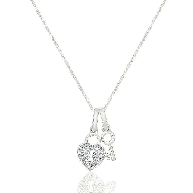 Diamond Accent Heart Lock &amp; Key Pendant in Sterling Silver – Image 1 of 3