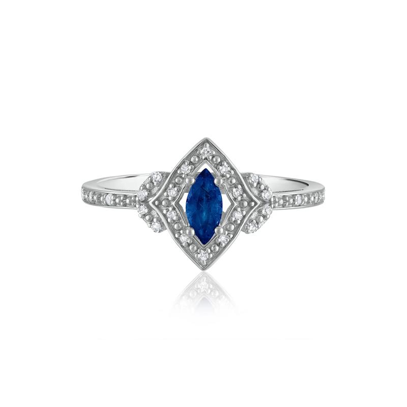 Marquise Blue Sapphire &amp; Diamond Ring in 14K White Gold – Image 1 of 3