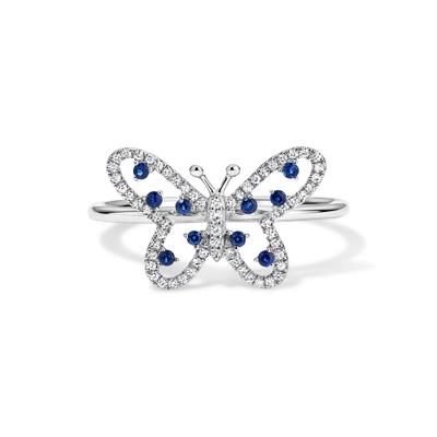 Blue Sapphire & Diamond Butterfly Ring in 14K White Gold (1/10 ct. tw.)