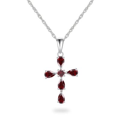 Garnet Cross Pendant Necklace in Sterling Silver