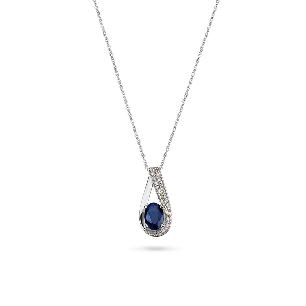 Blue Sapphire Oval &amp; Diamond Pendant Necklace in 10K White Gold (1/7 ct. tw.) – Image 1 of 4